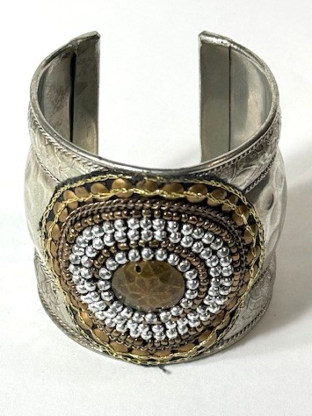 Alpaca silver and beaded wide cuff bracelet